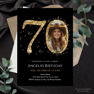 Invitación Foto de 70 cumpleaños con brillo negro y dorado
