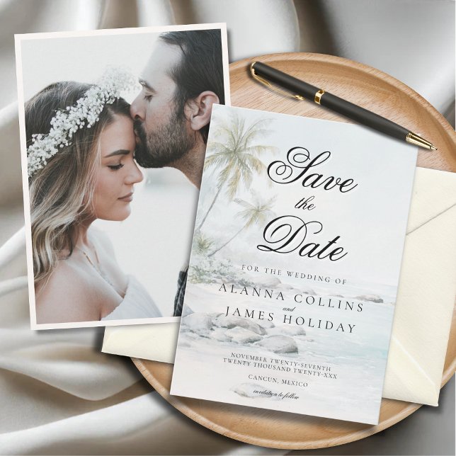 Invitación Foto de Acuarela de Playa Tropical para Save the D (Beach-themed “Save the Date” card for Alanna Collins and James Holiday beside a wedding photo.)