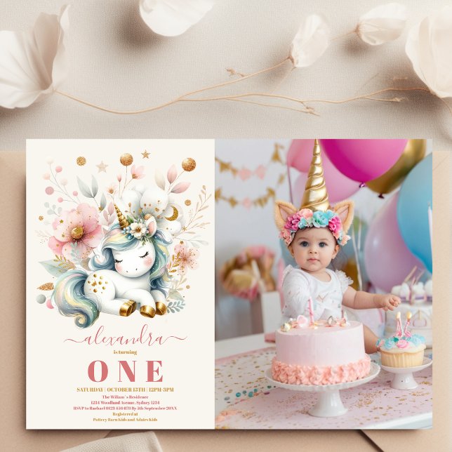 Invitación Foto de acuarela Unicornio Cumpleaños 1 (Subido por el creador)