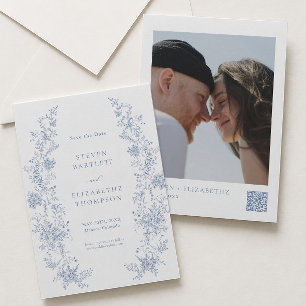Invitación Foto de Ahorro de Fecha de Boda Azul Francés