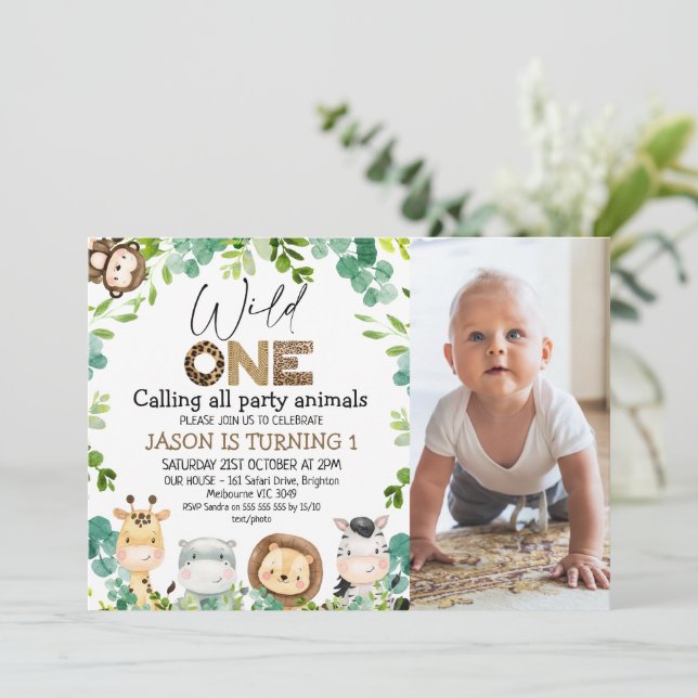 Invitación Foto de animales verdes Safari Wild Un primer cump (Anverso de pie)