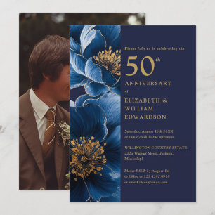 Invitación Foto de aniversario de 50 años en azul moderno y d