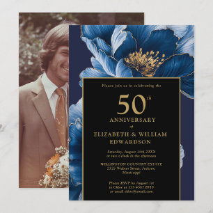 Invitación Foto de aniversario de 50 años en floral azul negr