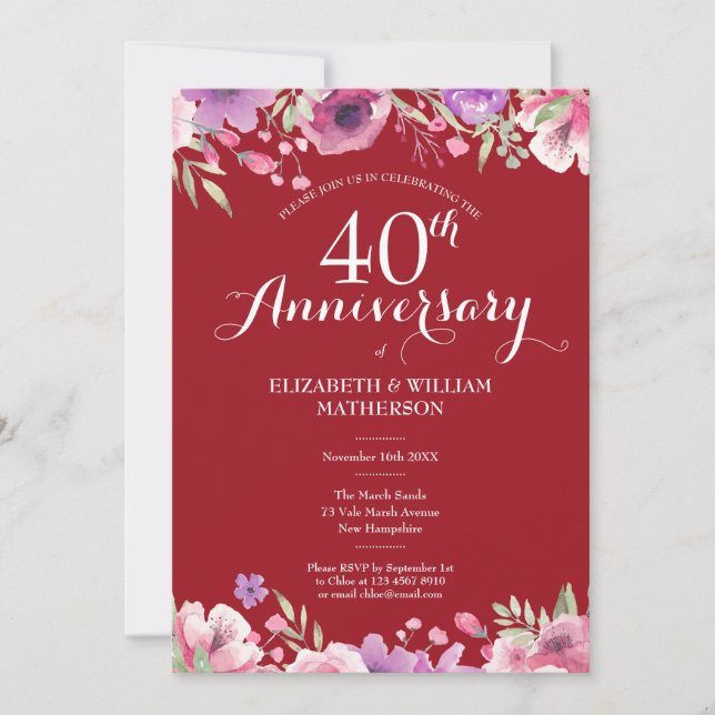 Invitación Foto de aniversario de bodas de rubí del 40º con r (Anverso)
