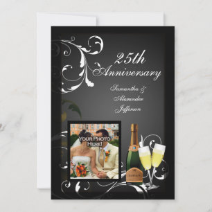 Invitación Foto de aniversario de Champagne de plata en blanc