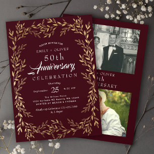 Invitación Foto de Aniversario de la Hoja de Oro Elegante Roj