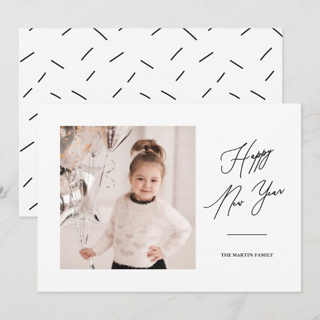 Invitación Foto de Año Nuevo Feliz en blanco y negro moderno (Anverso / Reverso)