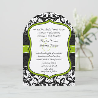 Invitación Foto de Apple Green Black Vintage Damask Wedding