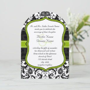 Invitación Foto de Apple Green Black Vintage Damask Wedding