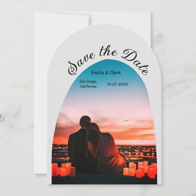 Invitación foto de archivo gris boho guardar fecha QR moderno (Anverso)