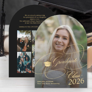 Invitación Foto de arco dorado negro guion de graduación