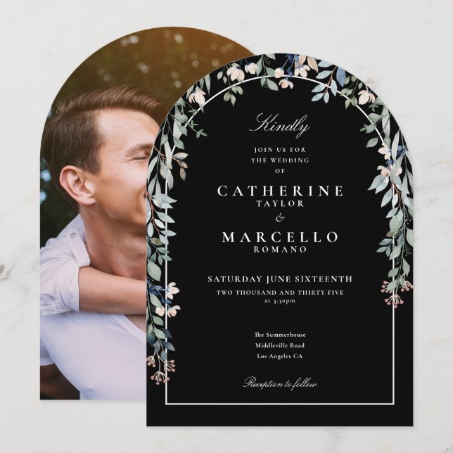Invitación Foto De Arco Floral Boda Blanco Y Negro (Anverso / Reverso)