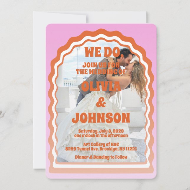 Invitación Foto de arco ondulado retro Naranja rosado moderno (Anverso)