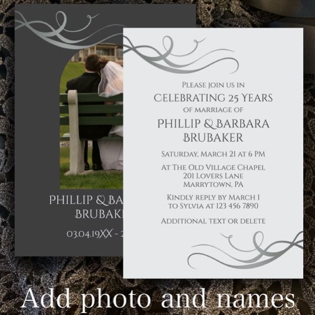 Invitación Foto de arte del 25° aniversario de Boda Plata mod (Personalize this unique invitation template. Create a custom 25th wedding anniversary party invite
)