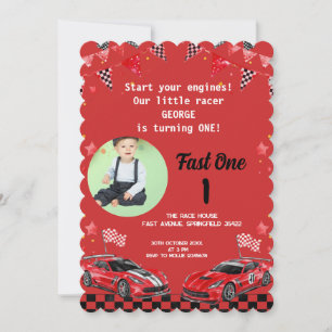 Invitación Foto de Auto de Carreras Rojo y Negro Veloz Cumple