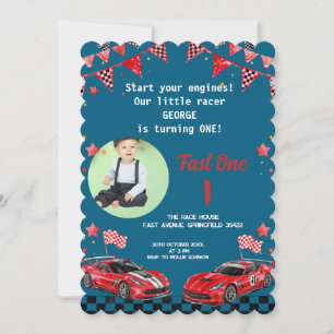 Invitación Foto de Auto de Carreras Rojo y Negro Veloz Cumple