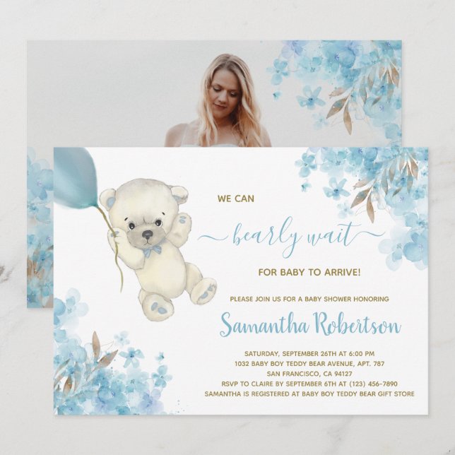 Invitación Foto de Baby Shower Bear Blue Balloon Watercolor (Anverso / Reverso)