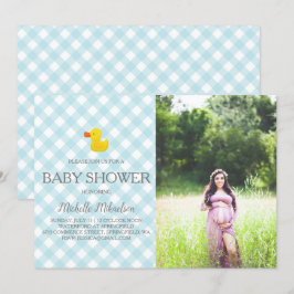 Invitación Foto de Baby Shower Blue Gingham Rubber Duckie