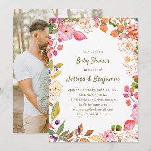 Invitación Foto de Baby Shower Bohemio Colorido con Flores de