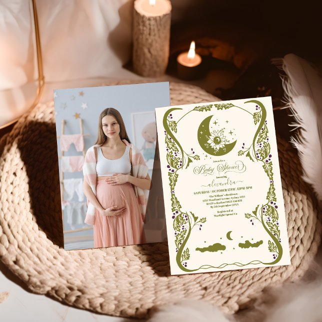 Invitación Foto de Baby Shower Botánico Celestial Vintage (Subido por el creador)