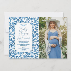 Invitación Foto de Baby Shower Boy Chintz Blue Floral Ditsy