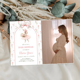 Invitación Foto de Baby Shower con lazo rosa y conejo floral