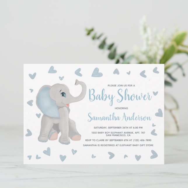 Invitación Foto de Baby Shower de Blue Baby Elephant Watercol (Anverso de pie)