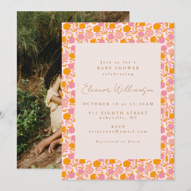 Invitación Foto de Baby Shower de Boho Naranja Rosa con sabor (Anverso / Reverso)
