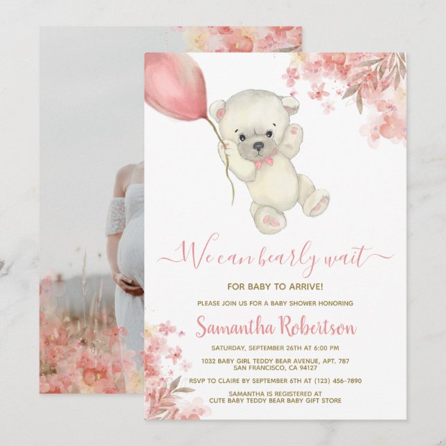 Invitación Foto de Baby Shower de Chica de globo rosa Teddy B (Anverso / Reverso)