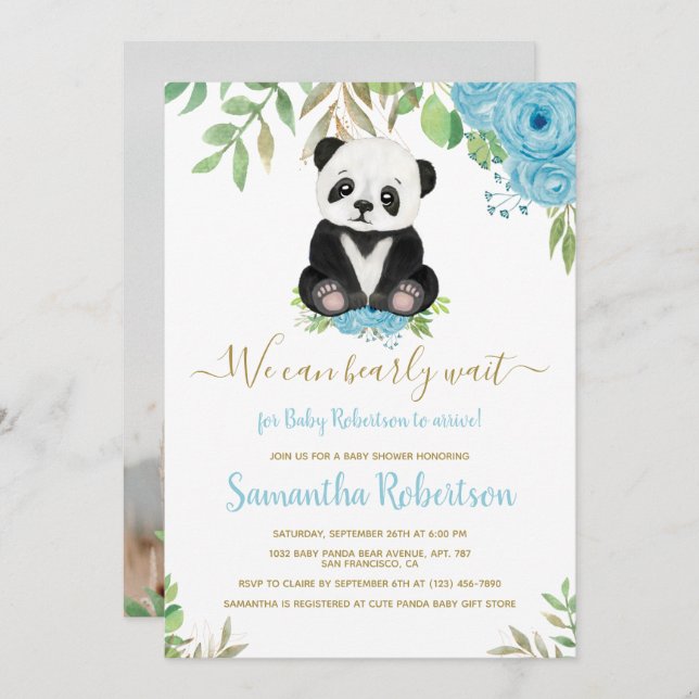 Invitación Foto de Baby Shower de Cuate Bear Blue Floral (Anverso / Reverso)