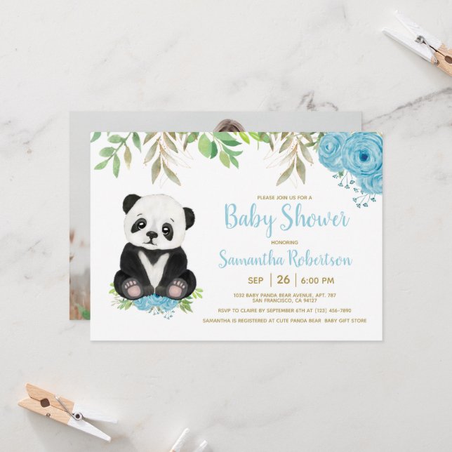 Invitación Foto de Baby Shower de Cute Bear Blue Floral Green (Anverso/Reverso In Situ)