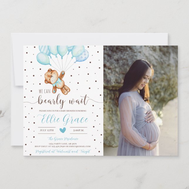 Invitación Foto de Baby Shower de Cute Teddy Bear Boy (Anverso)