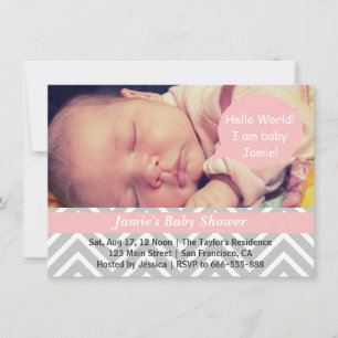 Invitación Foto de Baby Shower de niña con Chevron Gris y Bla