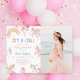 Invitación Foto de Baby Shower de Niña Mágica Unicornio Rosa