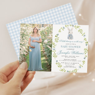 Invitación Foto de Baby Shower de Niño Conejo Azul Pequeño Pr