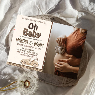 Invitación Foto de Baby Shower de Oh Baby Race Car Checkered