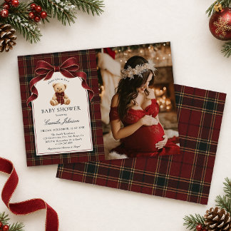 Invitación Foto de Baby Shower de Oso de Peluche Tartán Rojo