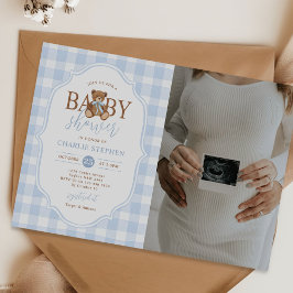Invitación Foto de Baby Shower de Oso Teddy Elegante a Cuadro