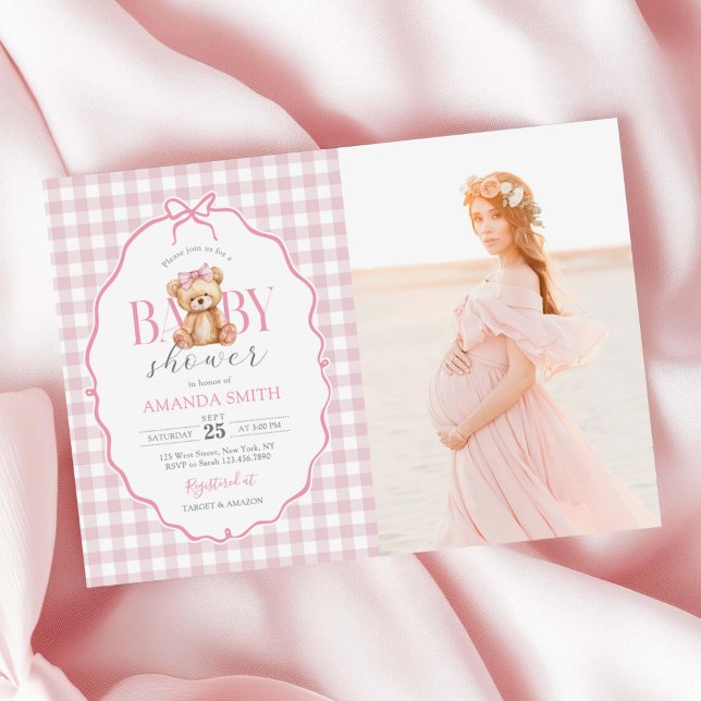 Invitación Foto de Baby Shower de Pink Bow Gingham Teddy Bear (Subido por el creador)