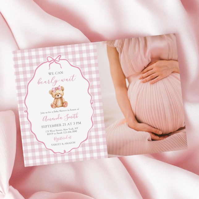Invitación Foto de Baby Shower de Pink Bow Gingham Teddy Bear (Subido por el creador)