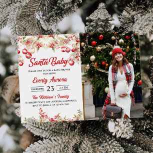 Invitación Foto de Baby Shower de Santa Bebé Navidades Floral