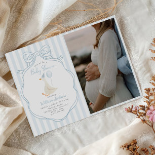 Invitación Foto de Baby Shower de Silly Goose Blue Bow Boy