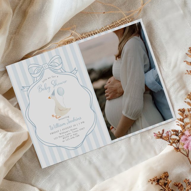 Invitación Foto de Baby Shower de Silly Goose Blue Bow Boy (Subido por el creador)