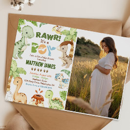 Invitación Foto de Baby Shower de Watercolor Cute Dinosaur Bo