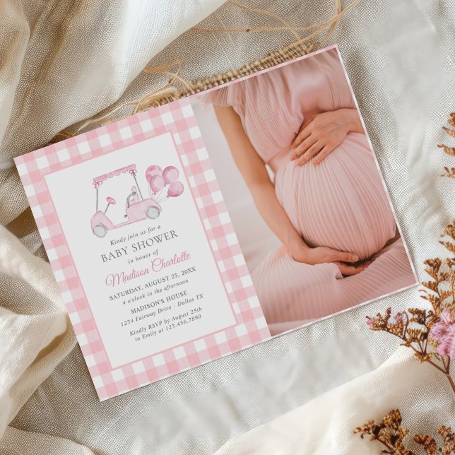 Invitación Foto de Baby Shower del Chica de golf Pink Gingham (Subido por el creador)