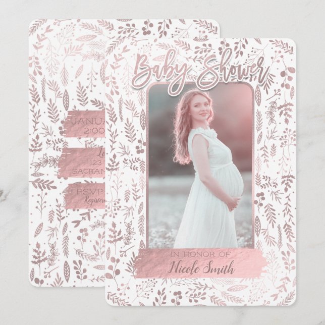 Invitación Foto de Baby Shower Moderna con Hojas de Oro Rosa (Anverso / Reverso)