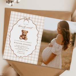 Invitación Foto de Baby Shower Neutral Gingham Teddy Bear