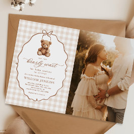 Invitación Foto de Baby Shower Neutral Gingham Teddy Bear