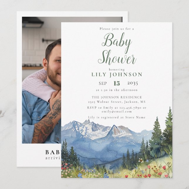 Invitación Foto de Baby Shower Rustic Mountain Wildflower (Anverso / Reverso)
