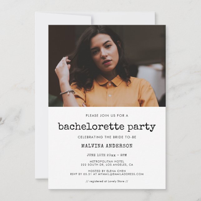 Invitación Foto de Bachelorette Party, máquina de escribir de (Anverso)